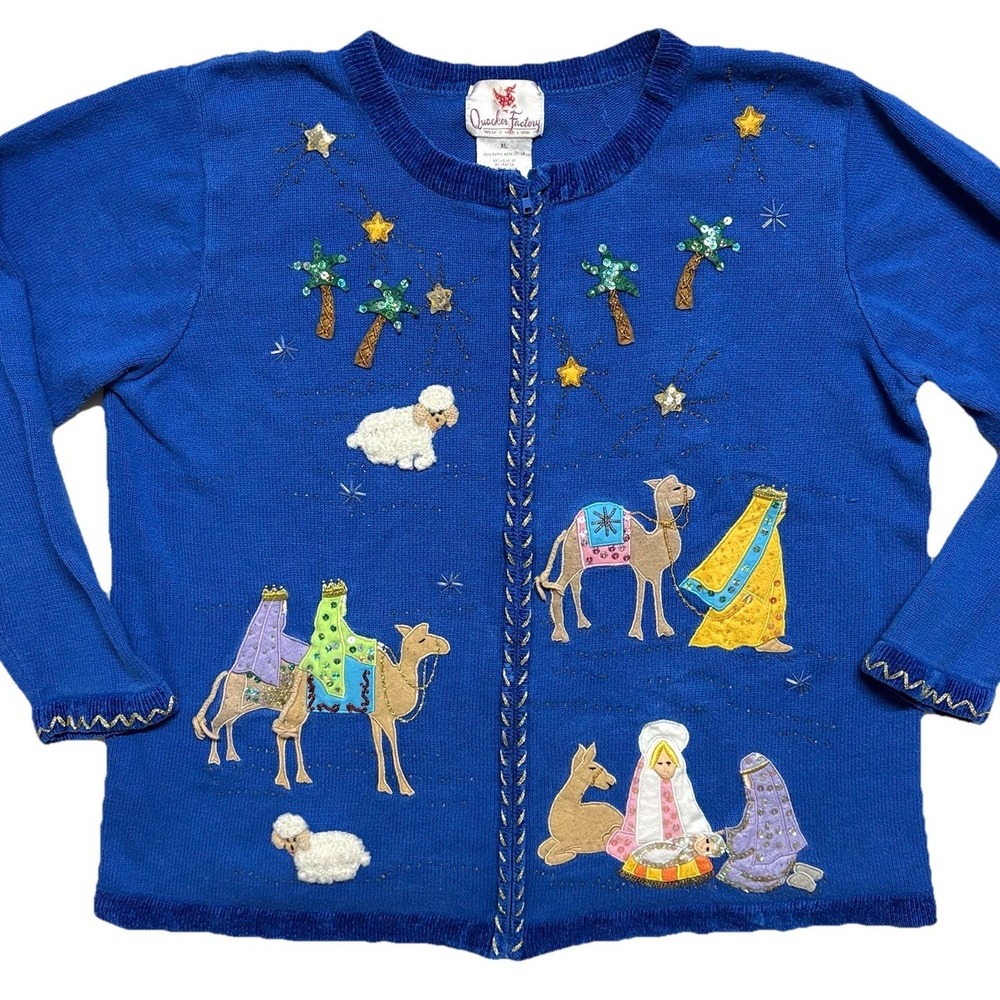 Vintage Quacker Factory Nativity Beaded Christmas Sweater Cardigan Wise Men XL